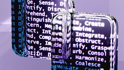 Free Abstract glass surfaces reflecting digital text create a mysterious tech ambiance. Stock Photo